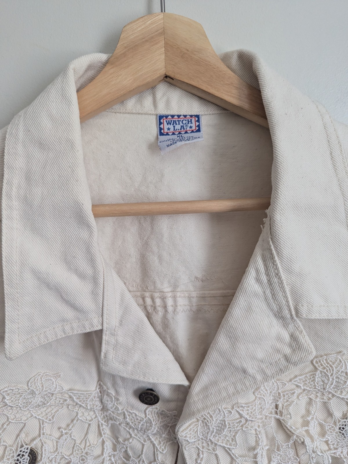 VTG Cream Denim Vest Womens L Lace Trim Rodeo Cowgirl Festival Country Boho 90s