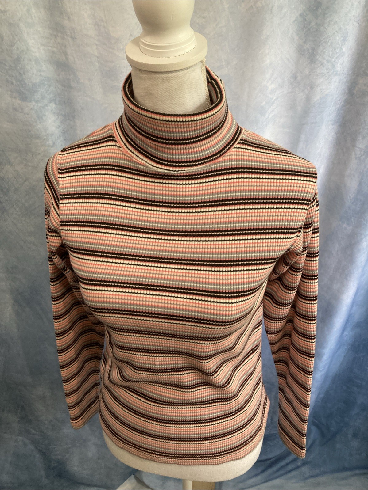 VTG 80s 90s Paris Sport Club Striped Turtleneck Grunge Ribbed Top Gorpcore Small