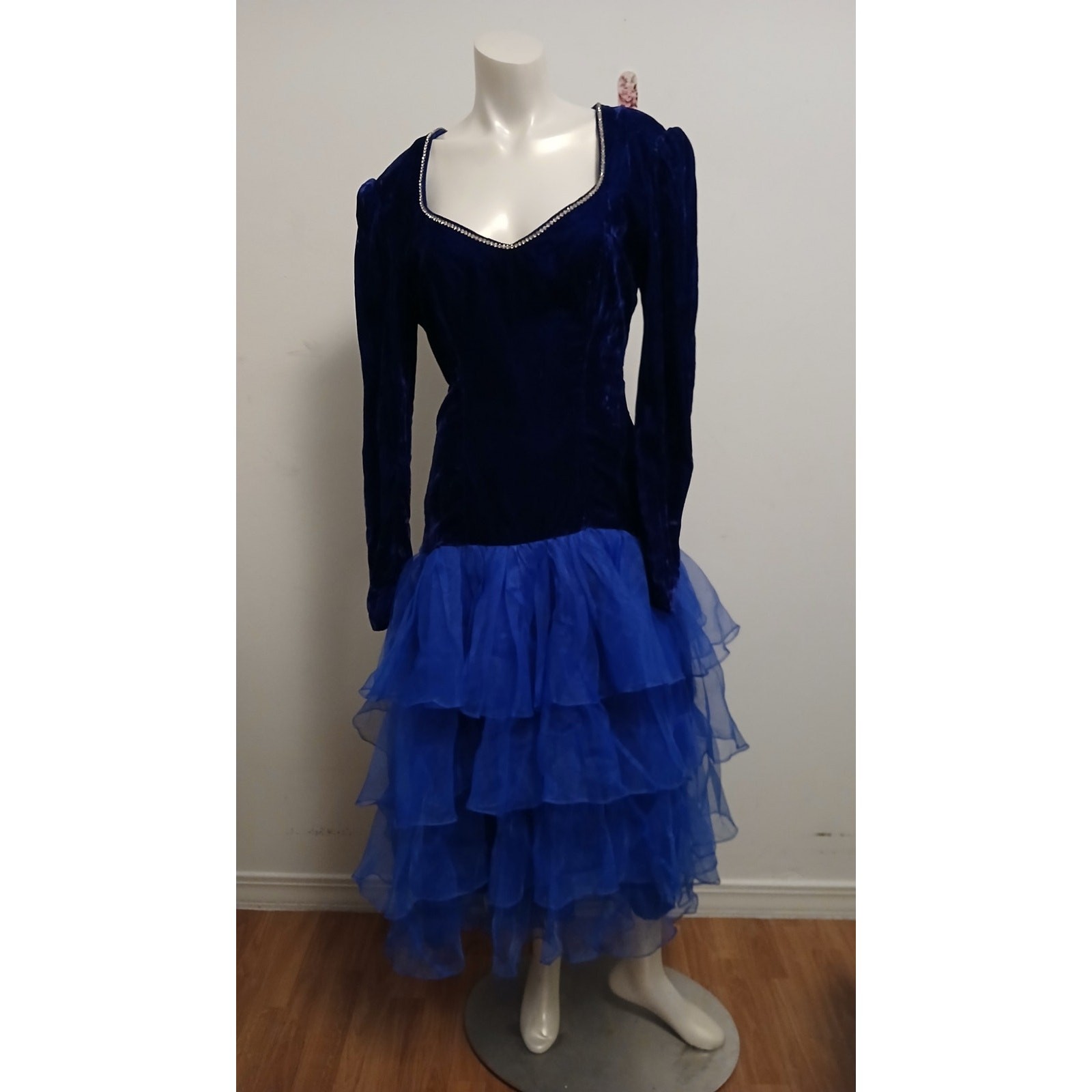 Vintage 1980s Blue Velvet Bodice Party Dance Dress Tiered Tulle Skirt Rhinestone