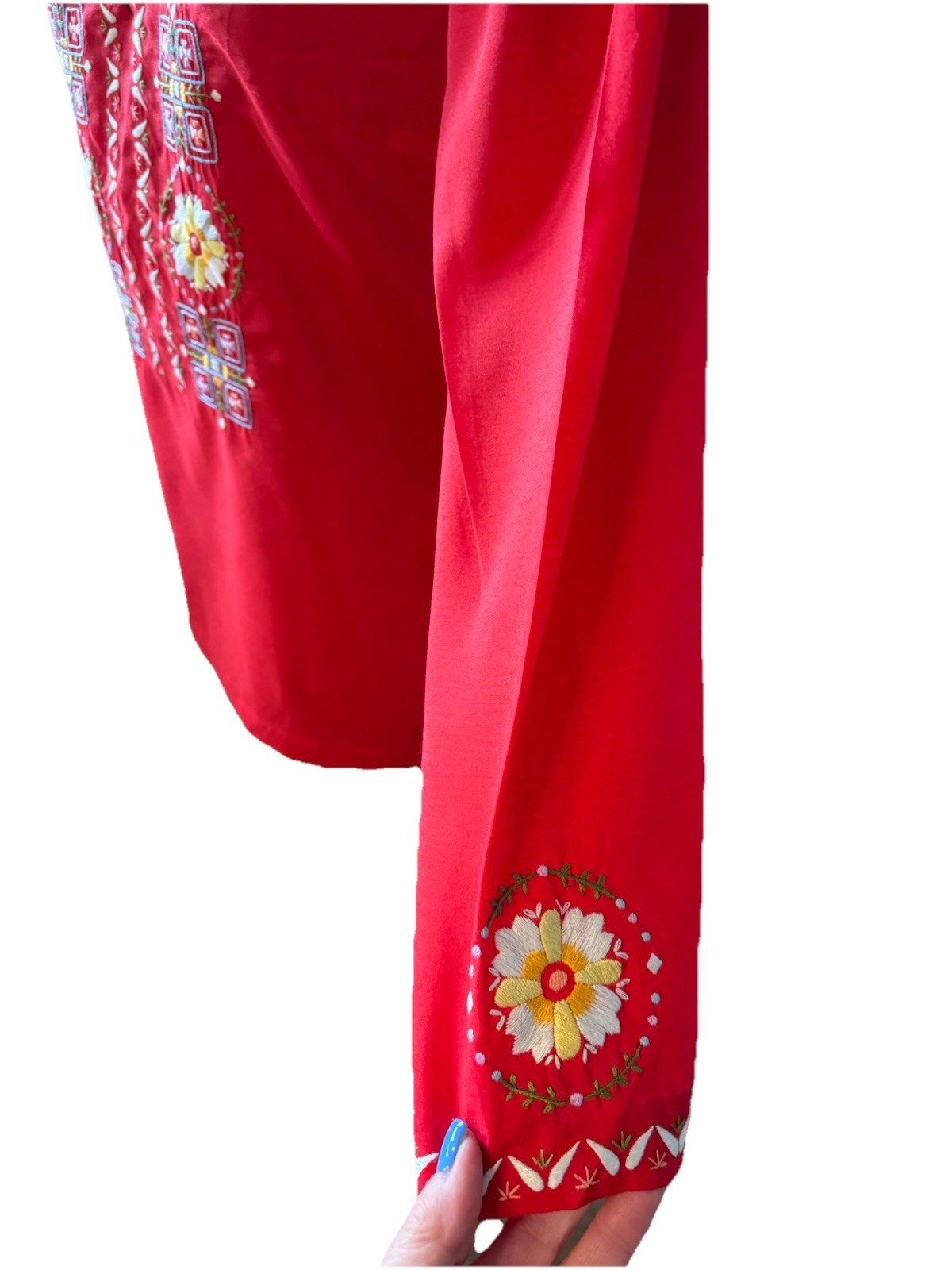 Vintage Lily Retro 70’s Women’s Floral Embroidered Red Blouse Size L Daisies