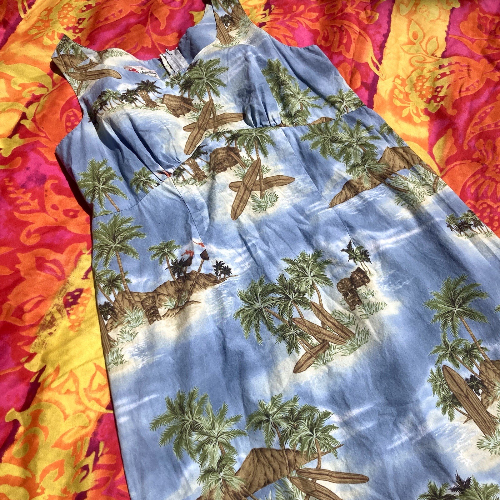 Hilo Hatties 1990s tropical Hawaiian light blue sleeveless sheath dress Size 14