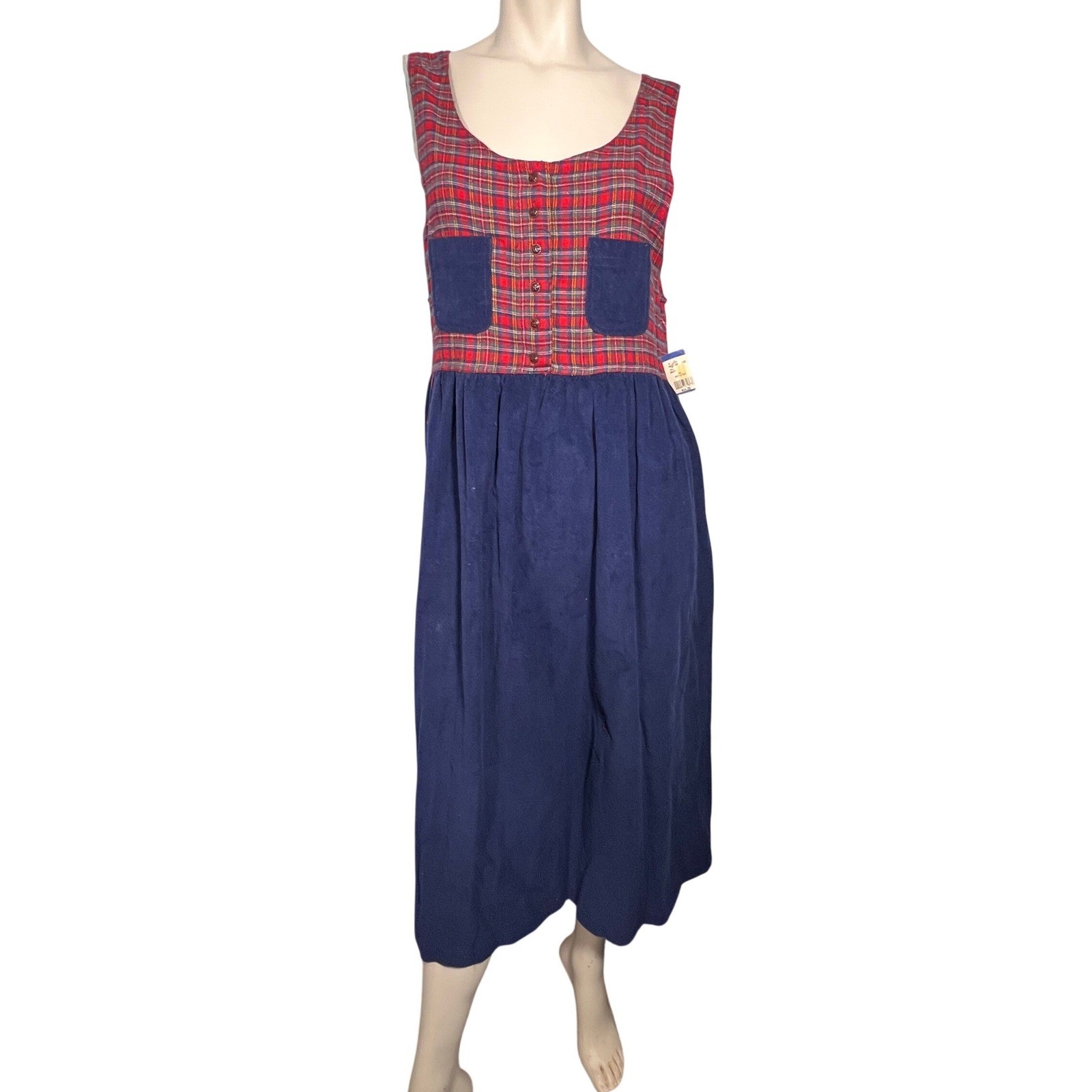Vintage Erika Classics Dress Women Large Blue Red Plaid Corduroy Mixed Media NEW