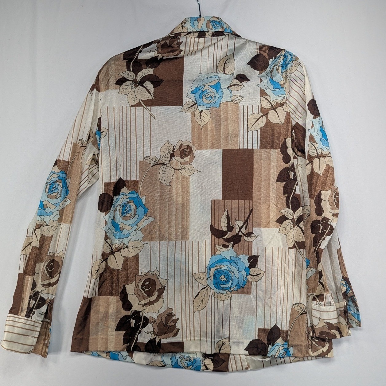 Vintage Pykettes 70s Floral Geometric Nylon Button Up Blouse Blue Brown Size 16