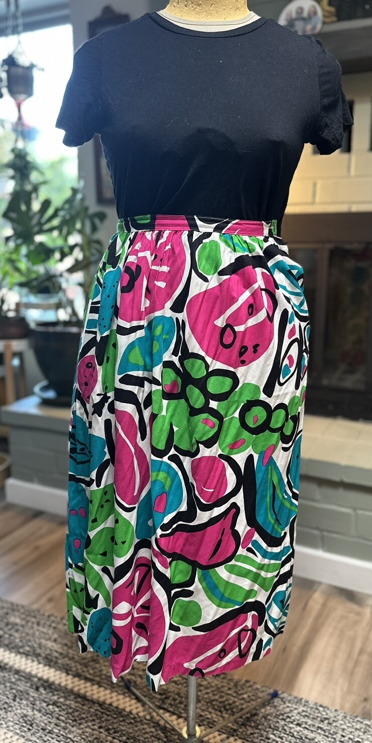 80s VTG Midi Skirt Colorful Pop Art Fruit Print Citrus S Pink Green Blue