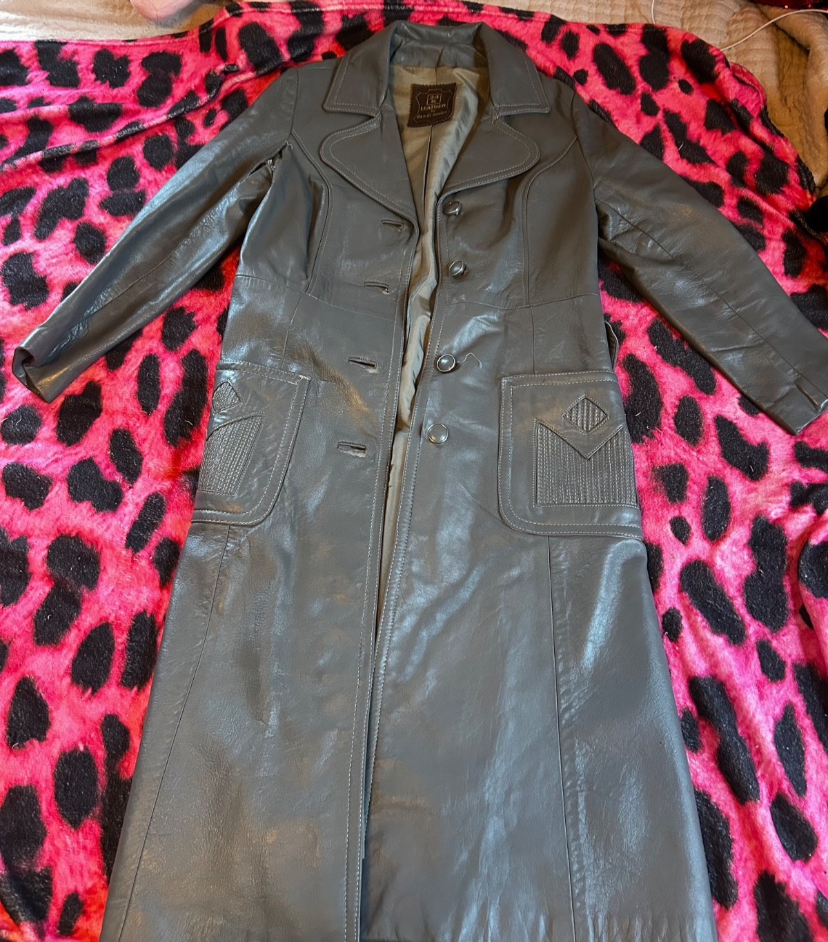 Vintage 24K Leather Dan Di Modes Coat Gray Full Length Trench Coat