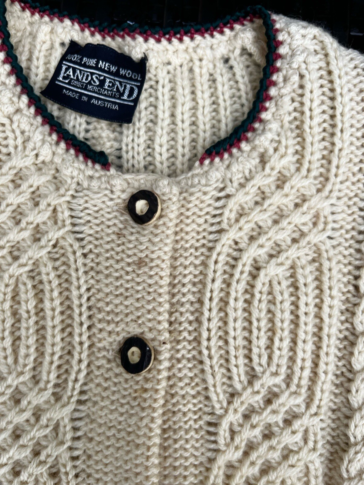 Vintage Lands’ End Ladies Cardigan Sweater 100% Pure New Wool Made in Austria