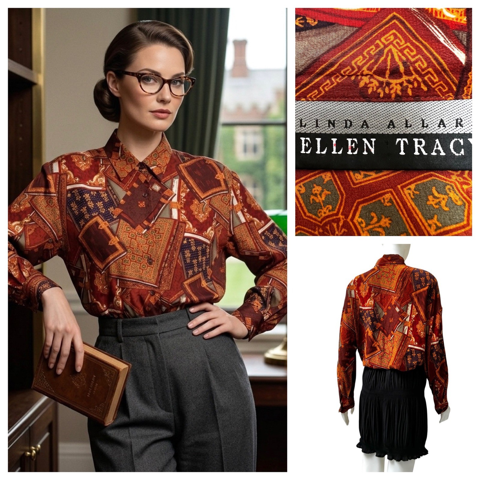 VTG Linda Allard Ellen Tracy Silk Blouse Scarf Print Office Siren 90’s 12 Tall