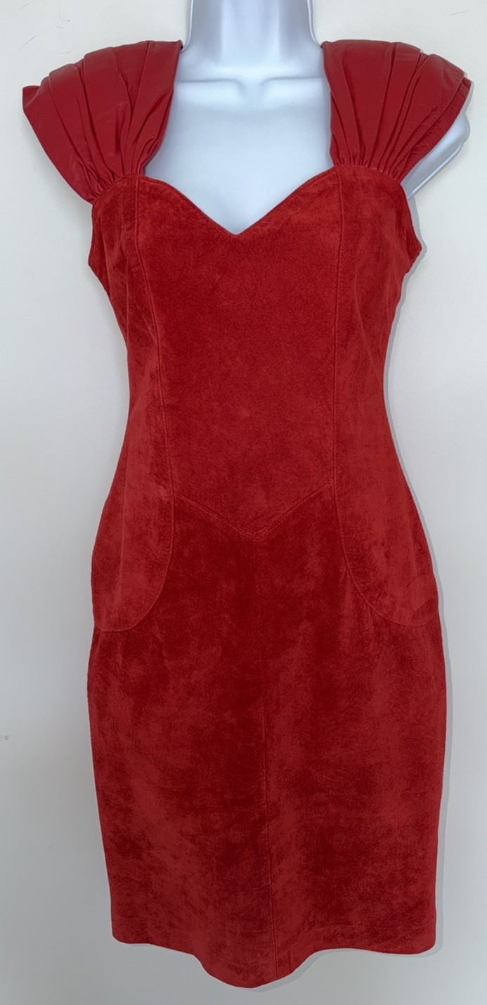 VTG 90’s Leather Ranch Red Mini Suede Cocktail Dress Padded Shoulders Sz 0 NWT