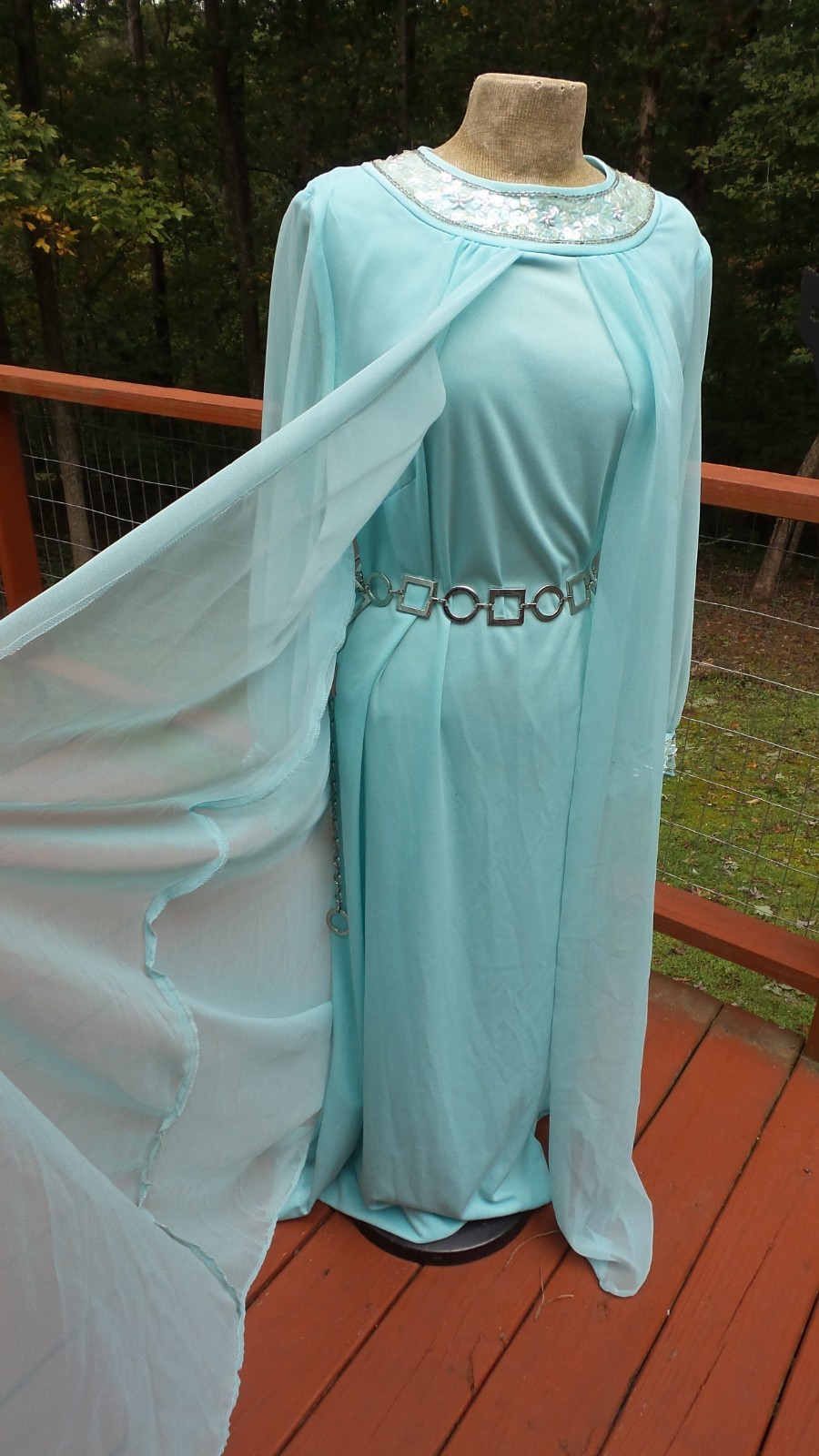 Vintage Blue Chiffon Satin Beaded Evening Party Caftan Maxi Hostess Dress – 20.5