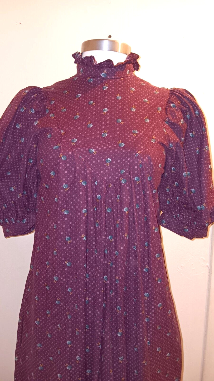 Vintage 70’s BELLE FRANCE burgundy turquoise floral prairie dress sz XS