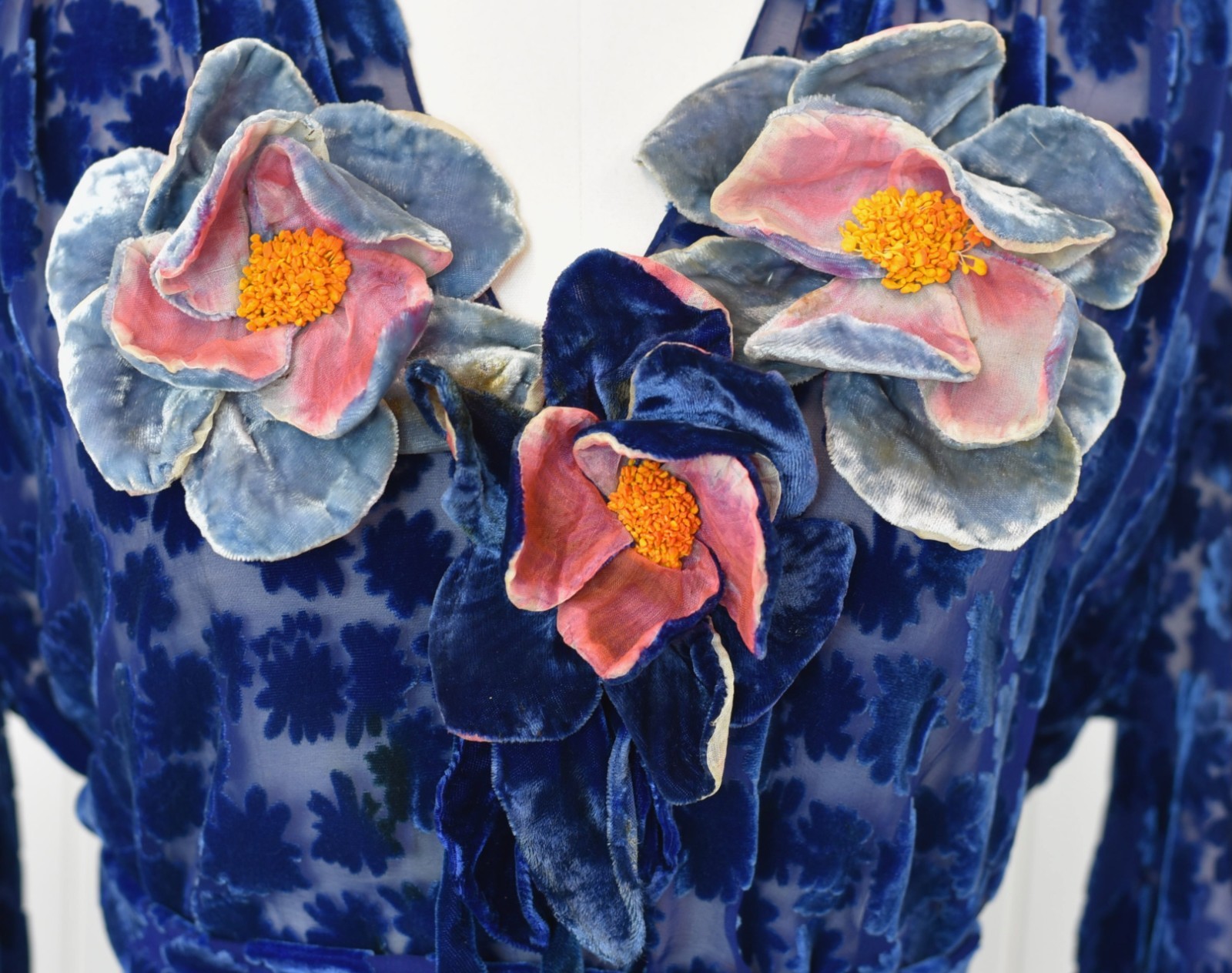Antique 1930s Blue Devore Burnout Velvet Floral Art Deco Sheer Dress Larger Size