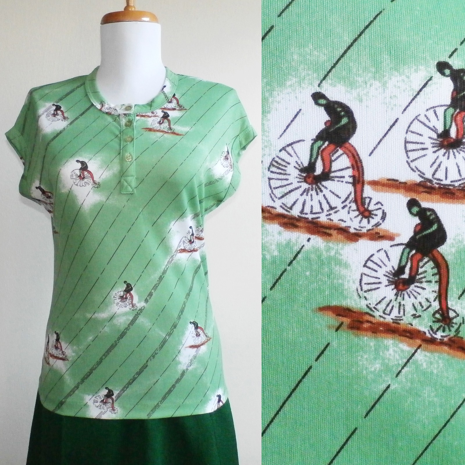 VTG 60s 70s Green Novelty Print Top Victorian Bicycle Short Sleeve Henley Shirt
