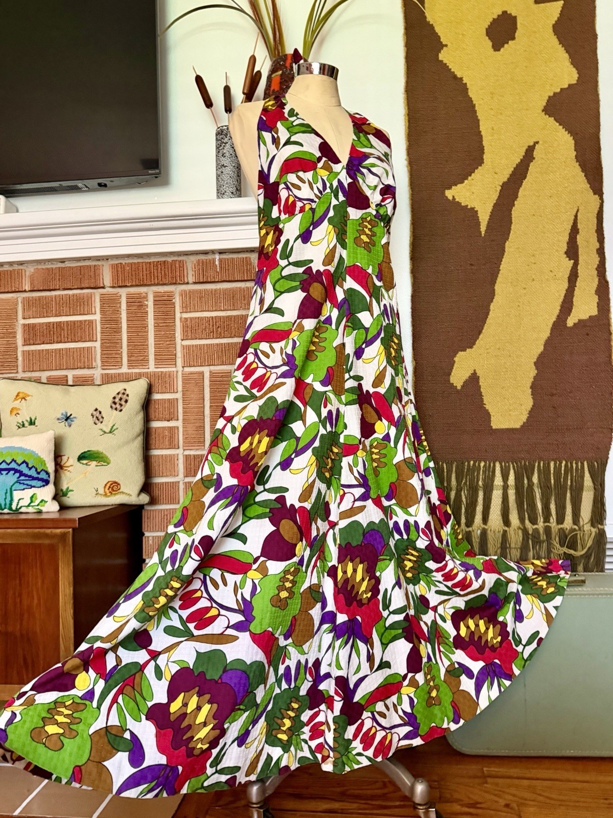 Vintage 60’s 70’s Hawaiian Psychedelic Halter Maxi Dress Tropical Midmod Tiki