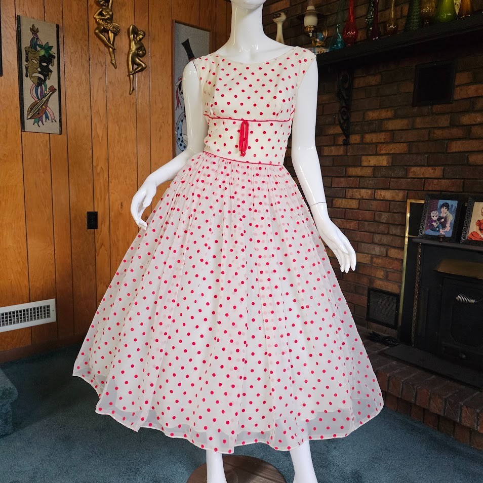 Vintage 50s Flocked Cherry Red Polka Dot Organza Shelf Bust Prom Wedding Dress S