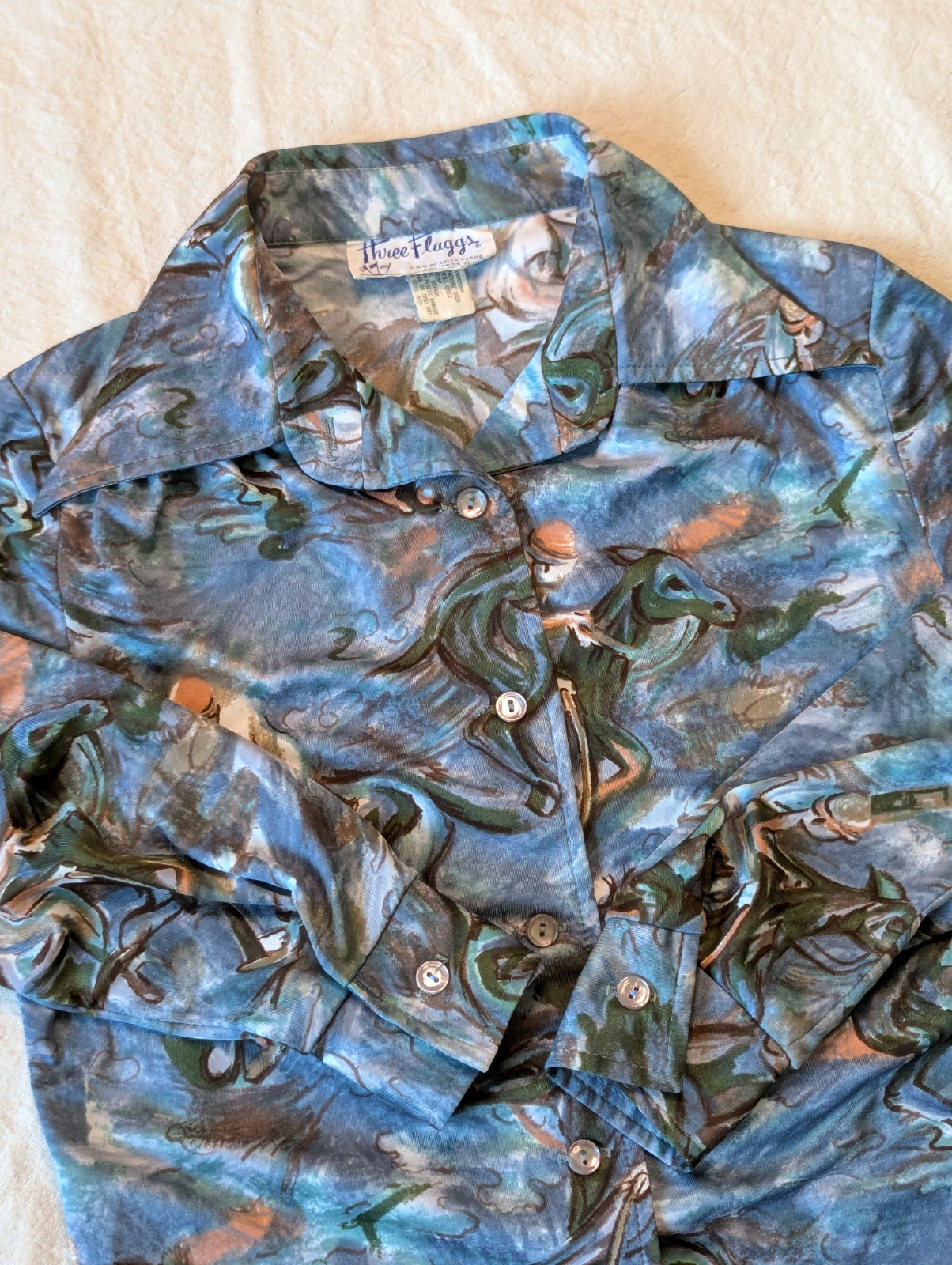 Three Flaggs VTG 70s Women’s Abstract Polo Jockey AOP Poly Button Up M/L