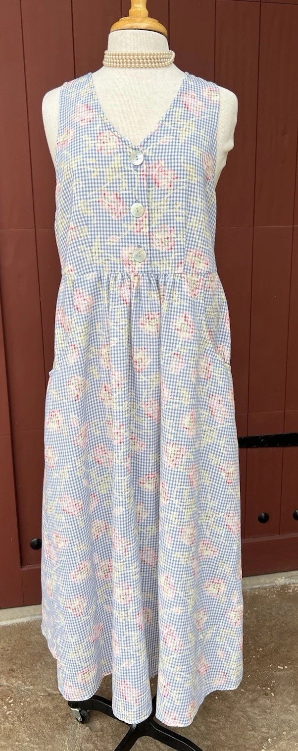 90s Vtg Jumper Midi Dress M Floral Gingham Soft Grunge Cottagecore Boho Overall