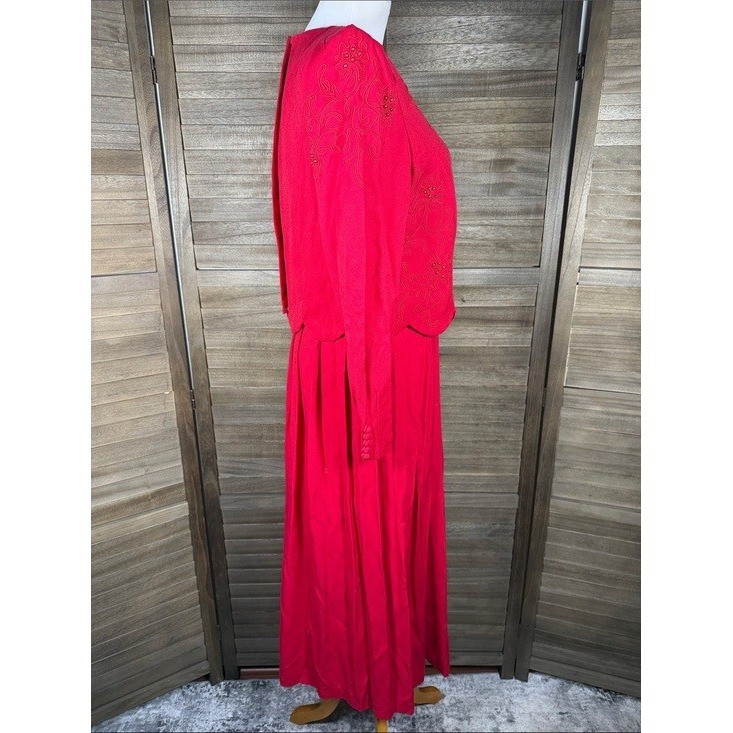Plaza South Red Beaded Embroidered Vtg Maxi Dress Womens 10 Formal Long Sleeve