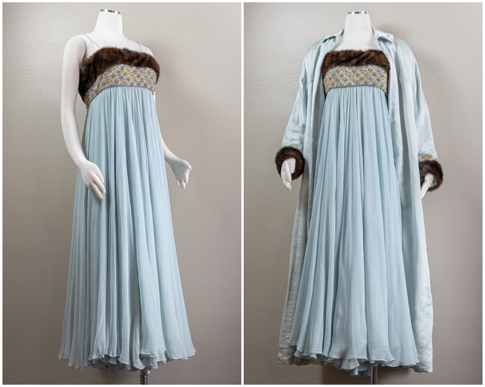 1960s Silk Satin Gown and Coat Set, Beaded Empire Dress, Fur Trim, Large