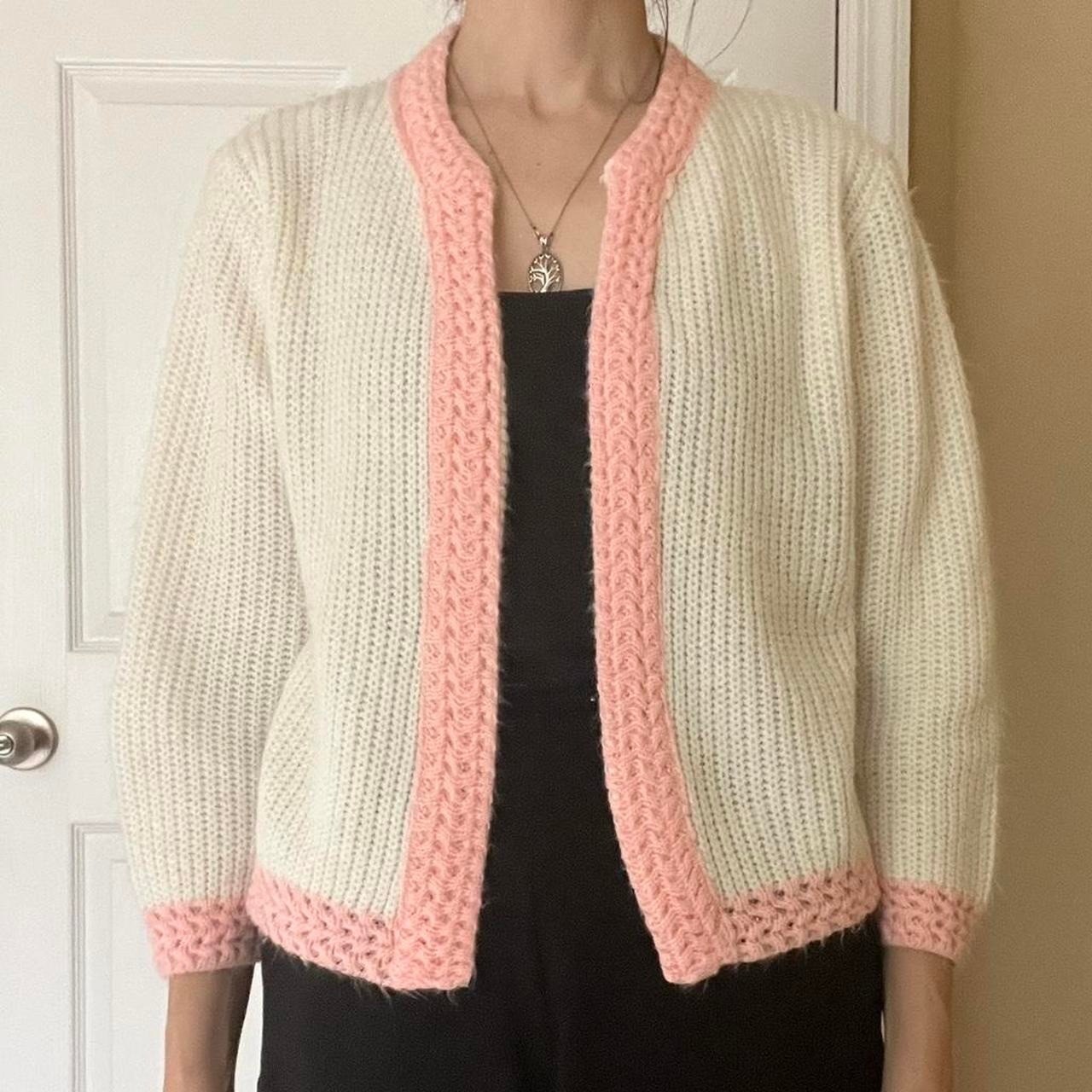 White and Pink Open Knit Crochet Cardigan Granny Sweater Vintage Glentex 70s S/M