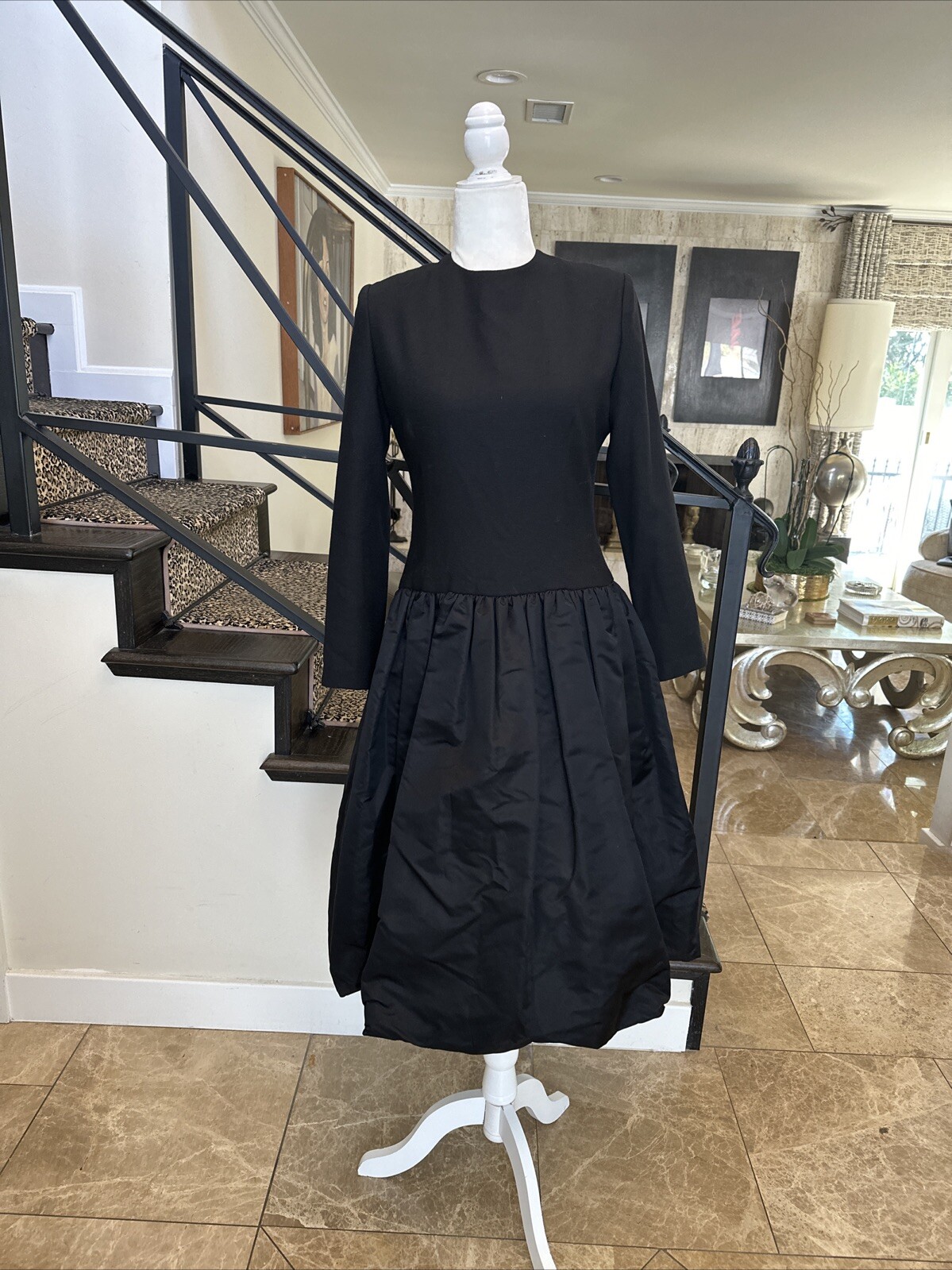William Pearson 80s Black Wool Drop Waist Stiff Satin Balloon Skirt Dress Size 6