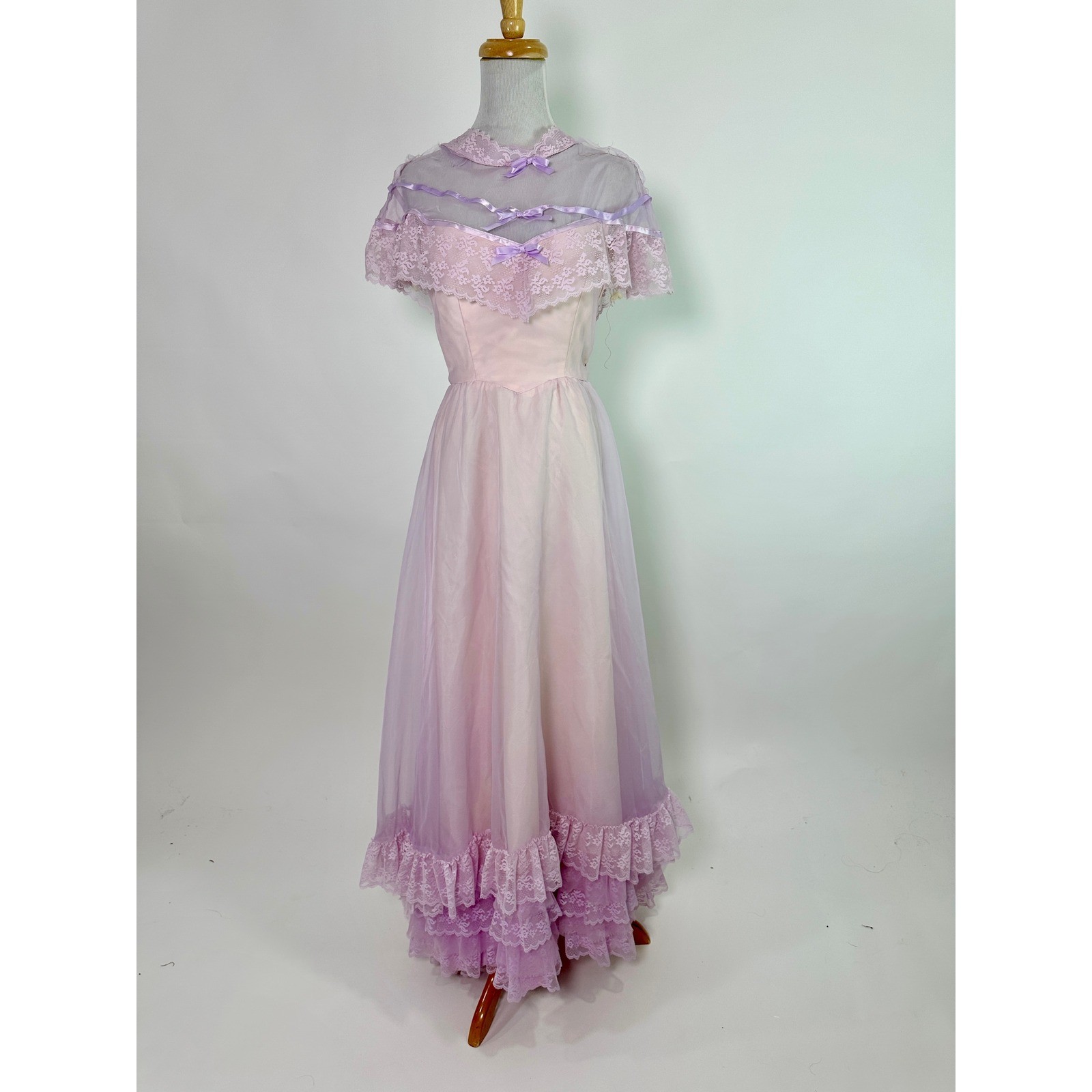 Vintage 70s Lilac Prairie Cottagecore Cupcake Dress Tulle Lace Boho Maxi Gown