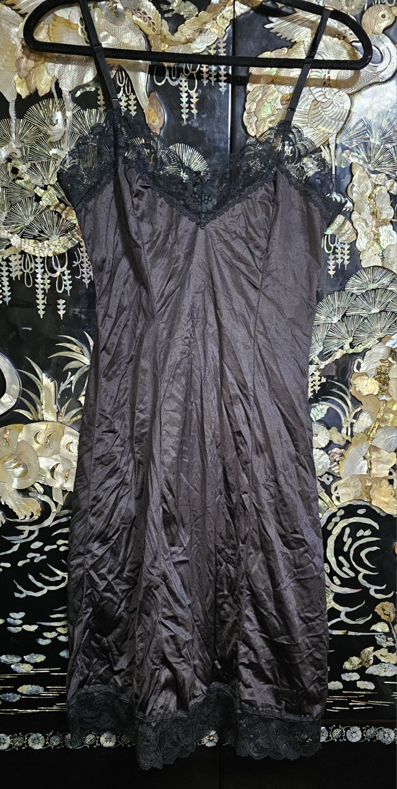 Vintage Collectible Classics SATIN NYLON Lace Slip Dress Black Made In USA 34