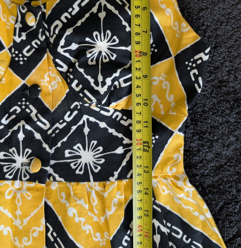 Vtg 70s Malama Hawaii Liberty House Maxi Dress MuuMuu Ylw & Blk Tribal Print XS