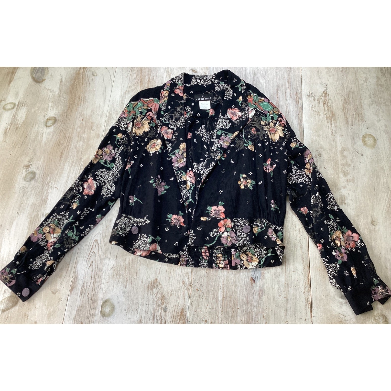 Vintage Carole Little Black Floral Paisley Rayon Gauze Cropped Jacket Size 10