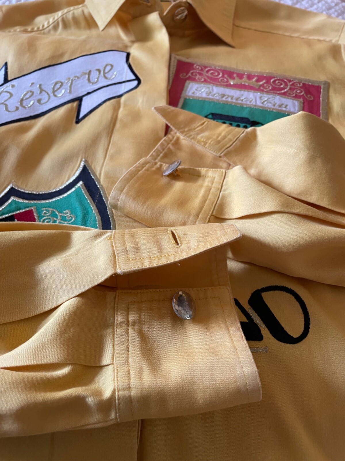 Rare Vintage Multi Motif French Wine Patches Designer Yellow Women’s Shirt – S