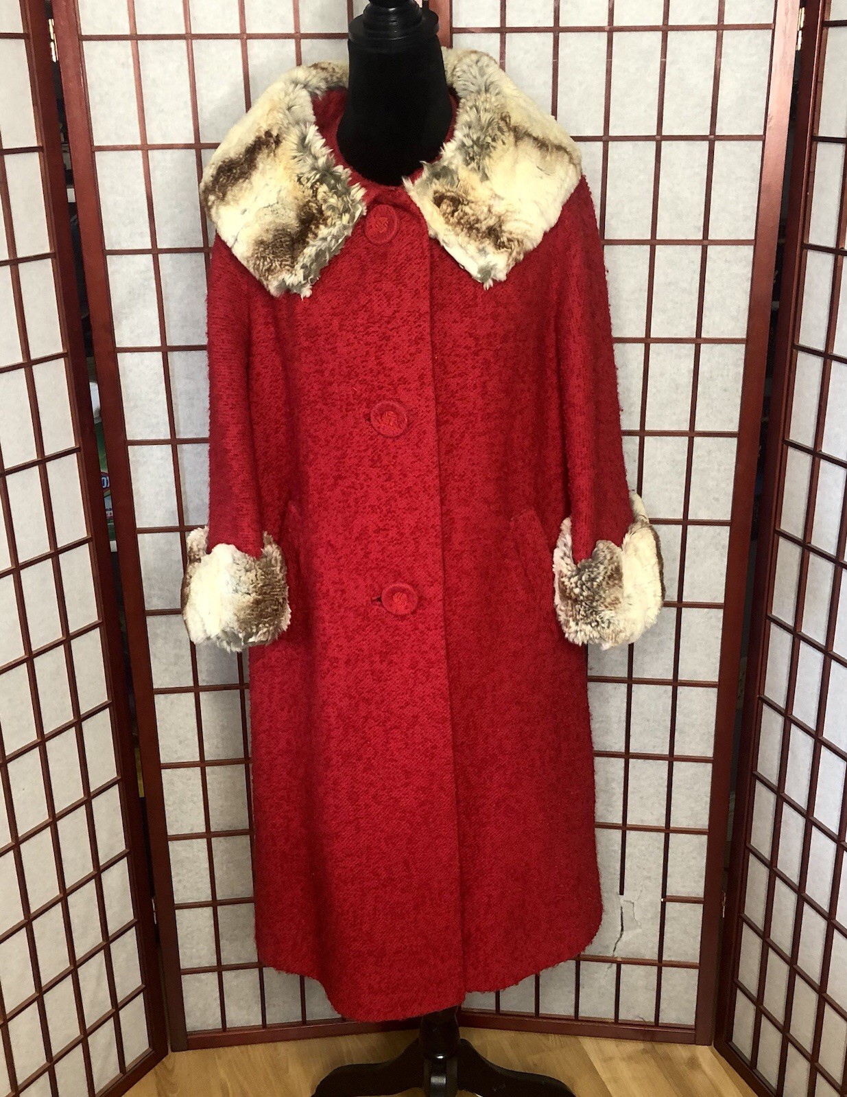 Vintage 1950s Red Nubby Boucle Swing Rockabilly Fur Trim Coat Med/Large