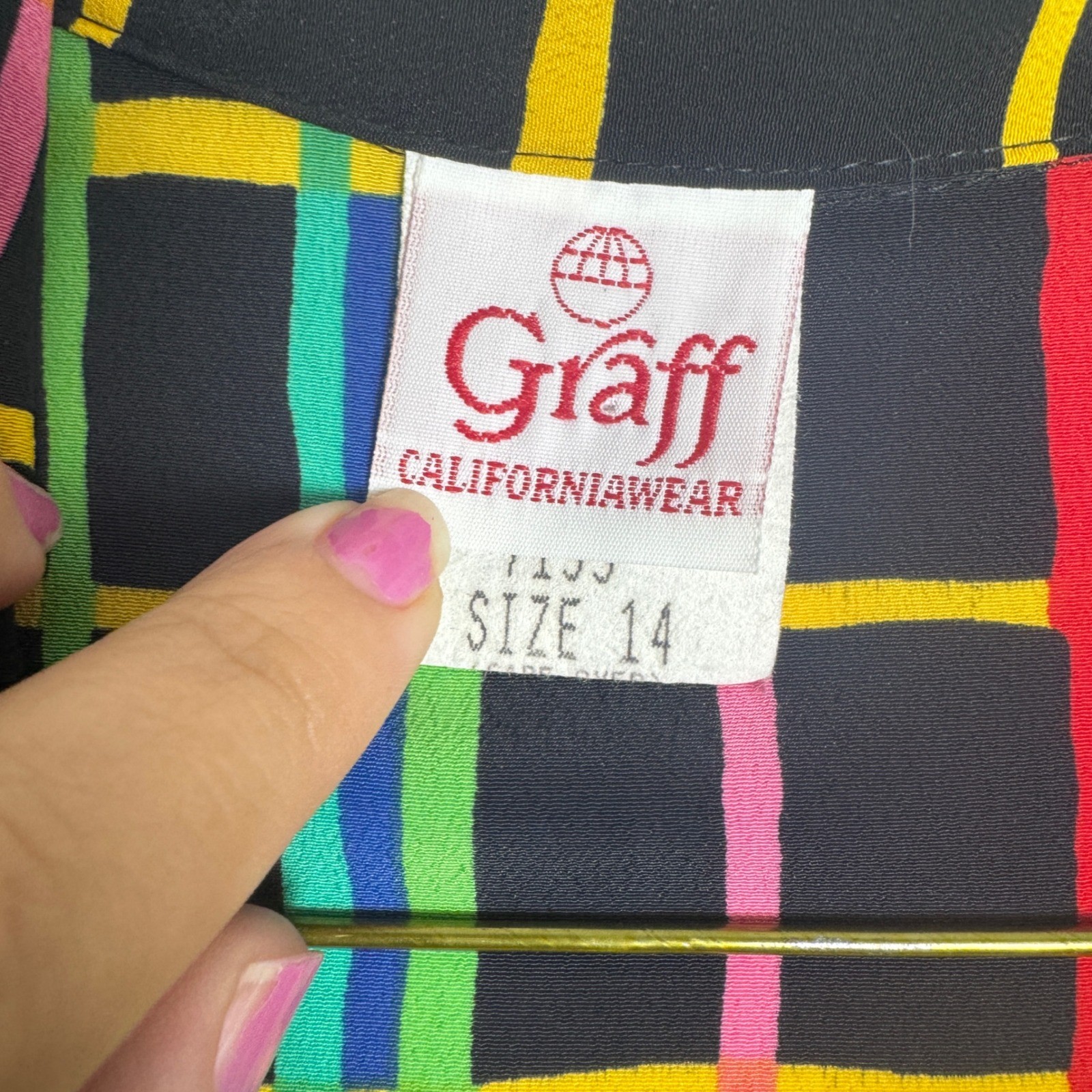 Vintage Graff Californiawear Rainbow Grid Plaid Button Up Blouse Size 14