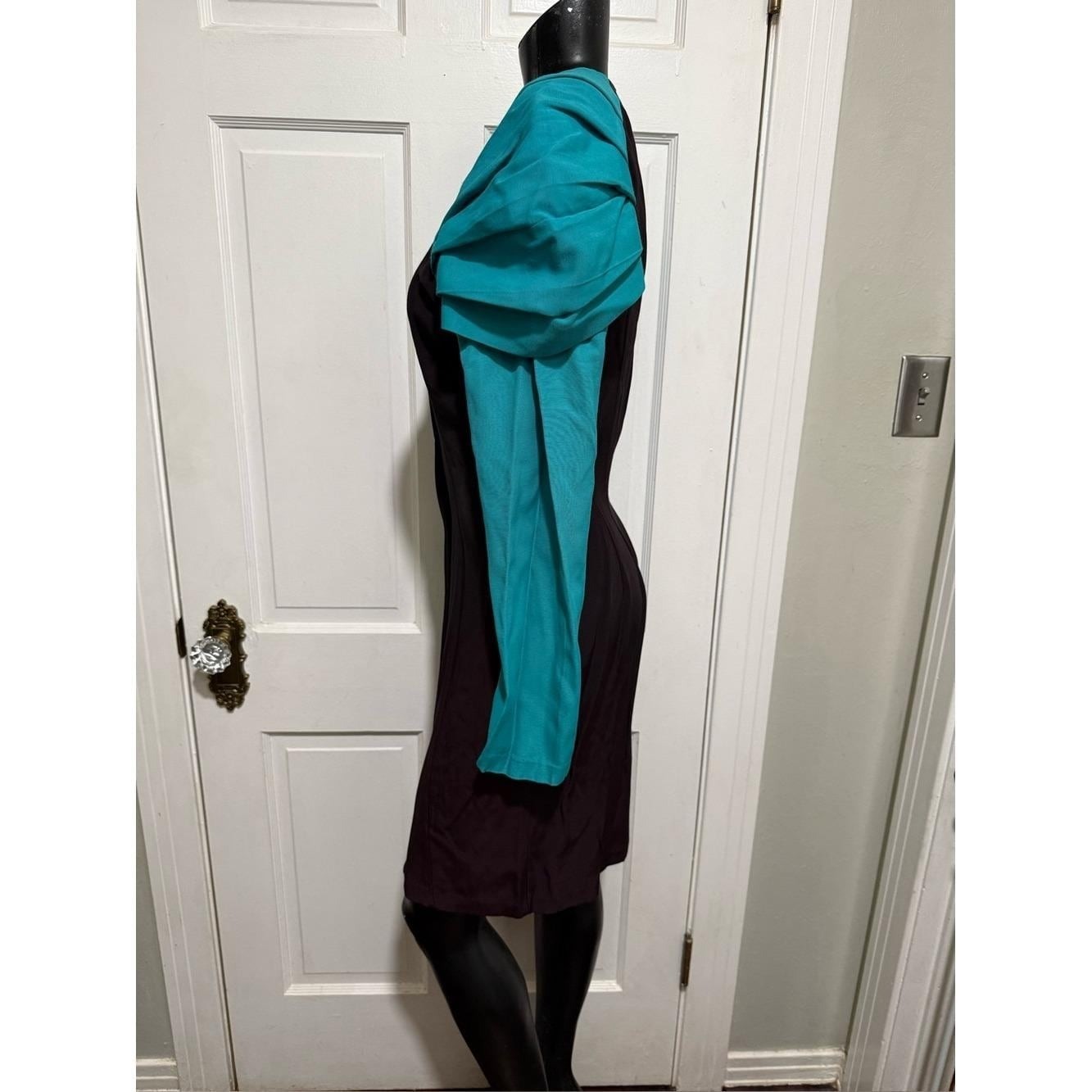 Vintage Teal Black Pearl Dress Long Sleeve 80s 90s Buttons Shoulder Pads Size 3