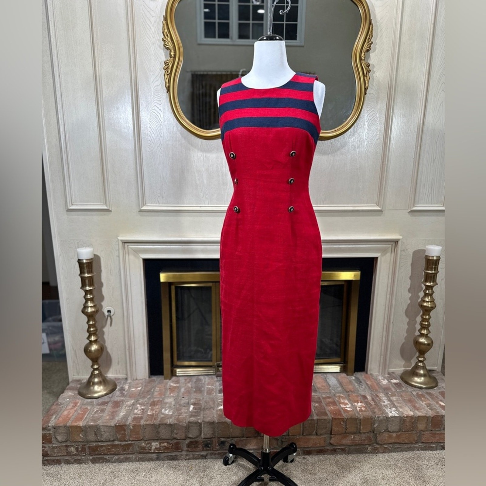 Althuser Vintage Red Linen Blend Nautical Midi Dress with Buttons Sz 10