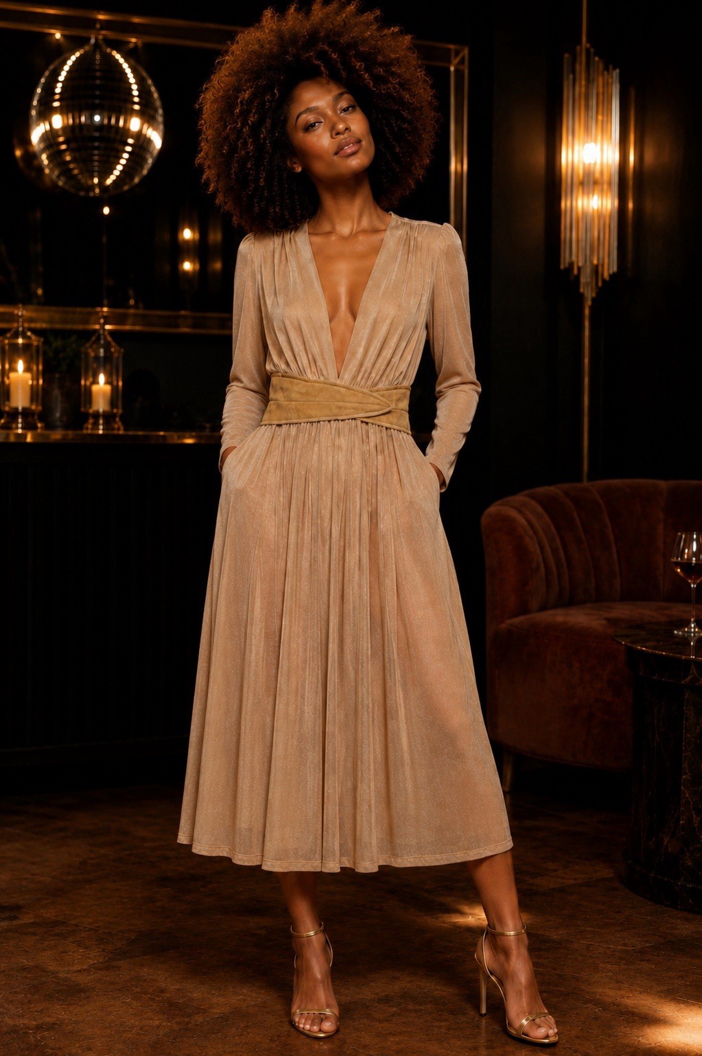 Vintage Studio 54 Dynasty Inspired Gold Midi Wrap Dress with Pockets Size 6-8