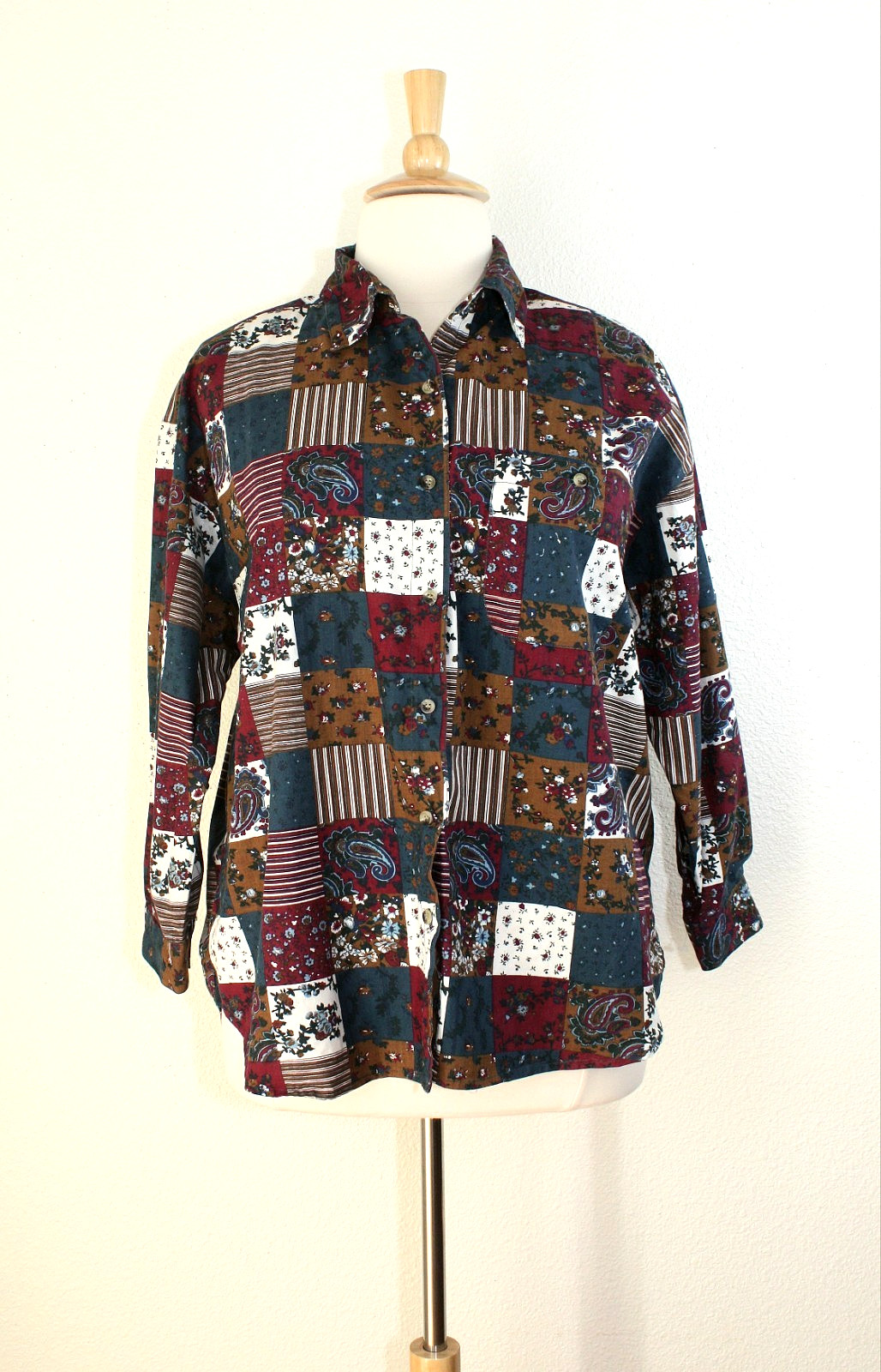 VTG SOLUTIONS! Casual Top Blouse Plus 3X Long Sl Multicolor Patchwork Print #03