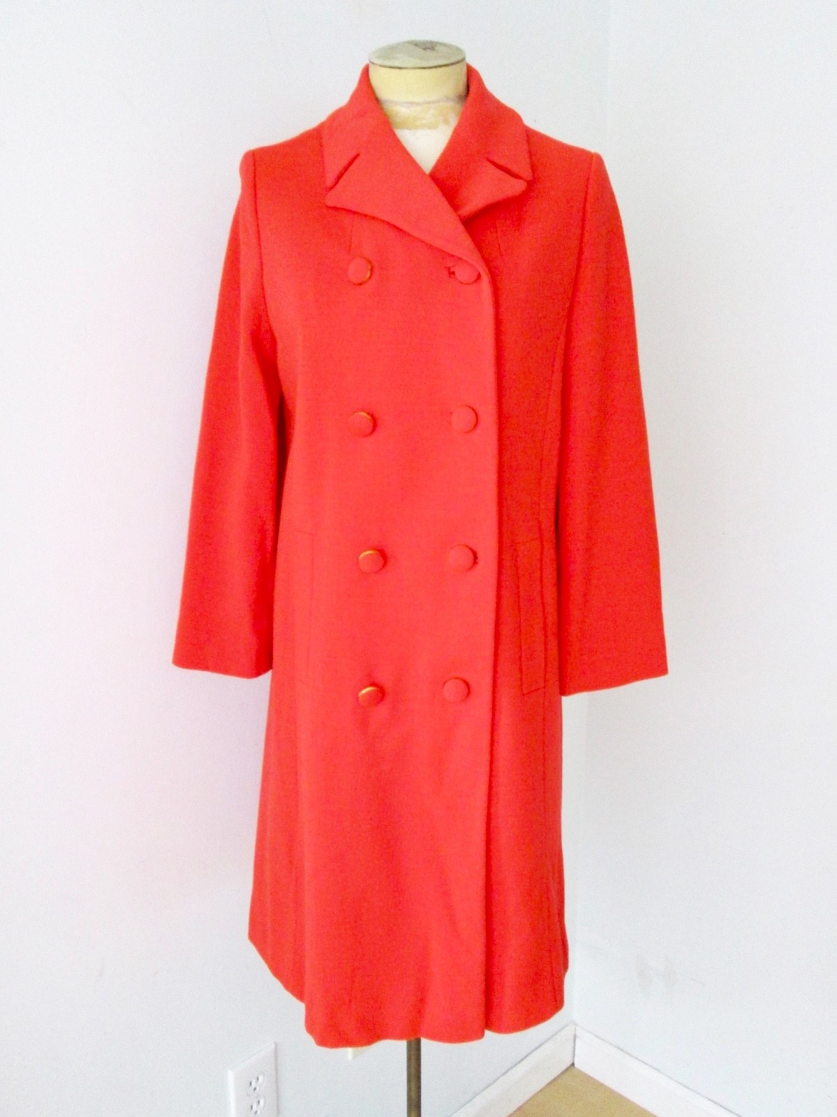 VGC Vtg 60s Mod Tomato Red Wool Knit Double Breasted Military Coat Back Belt S/M