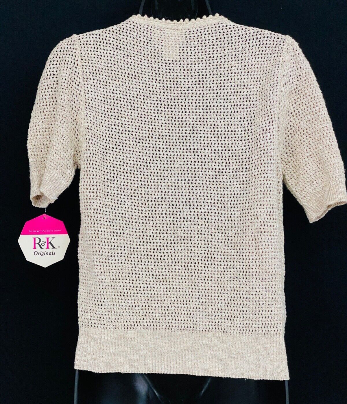 Vintage 1970s ivory white short puffed sleeve sweater M L cropped cable knit NWT