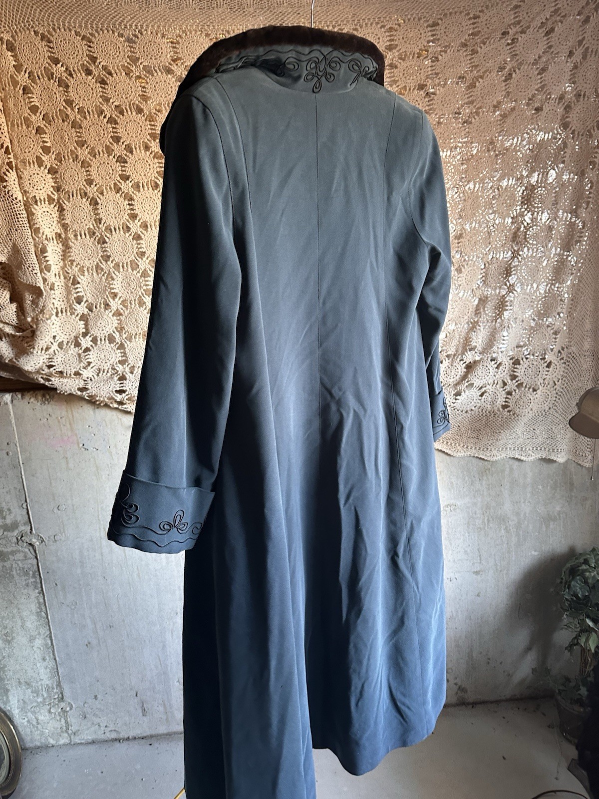 Vintage 90s HANA USA Long Teal Coat Fur Collar Soutache Trim S