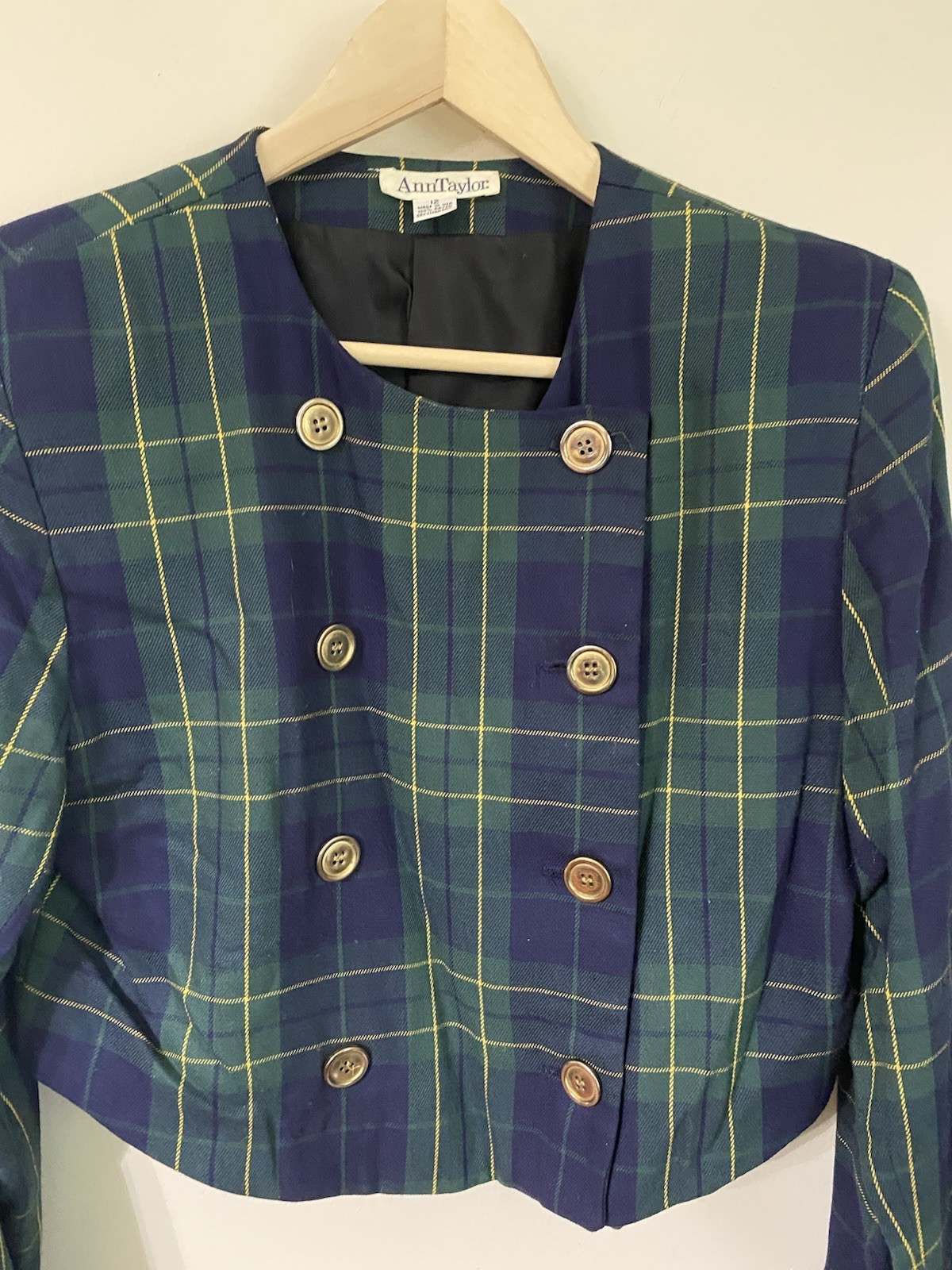 Vintage Ann Taylor Green Tartan Plaid Short Cropped Blazer Jacket 12 USA Preppy
