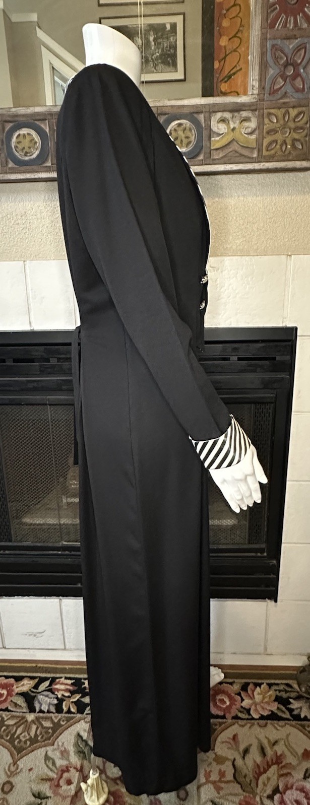 Vintage Black Striped Shawl Collar Wide Leg Palazzo Tie Back Tuxedo Jumpsuit