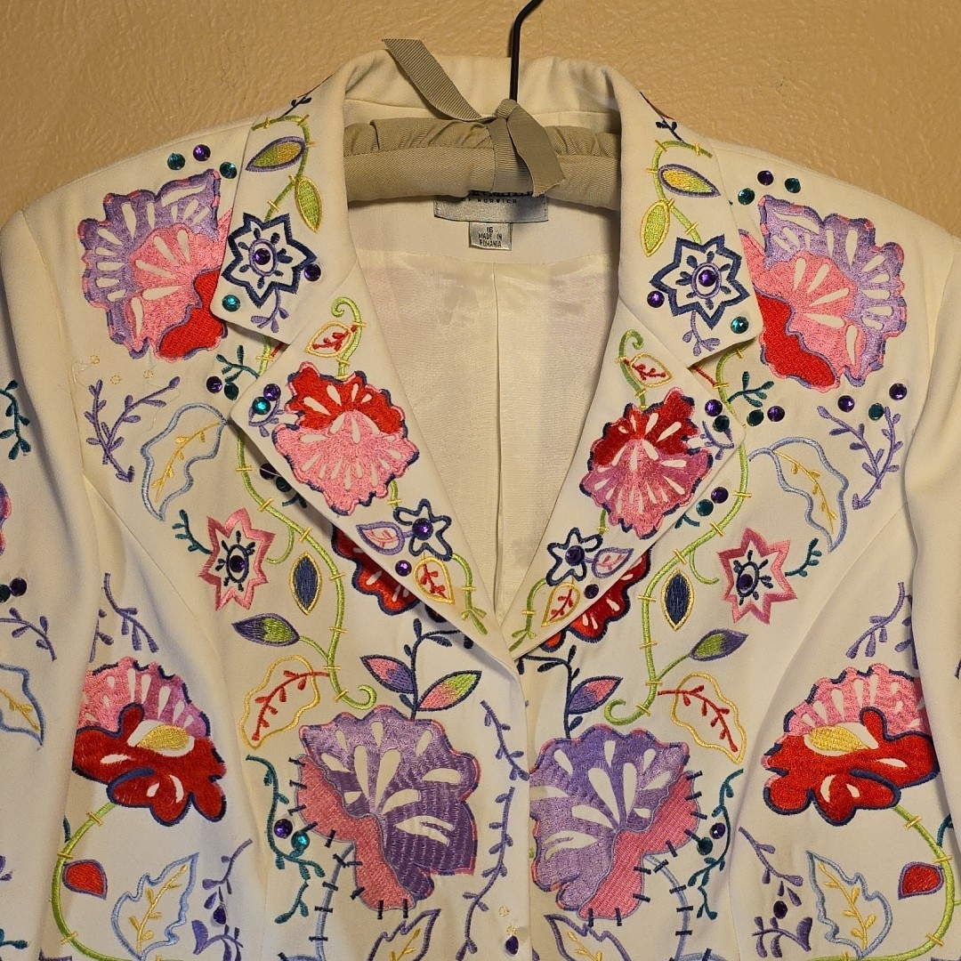 Vtg John Meyer of Norwich Floral Embroidered Jacket Blazer White Sz 16 Romania