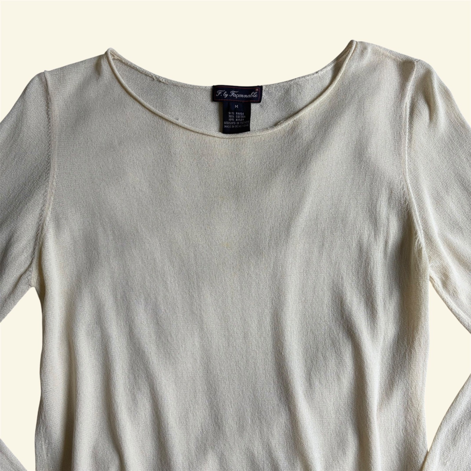 Vintage 90s F by Faconnable Cream Slinky Knit Tunic Sweater Top M France Minimal