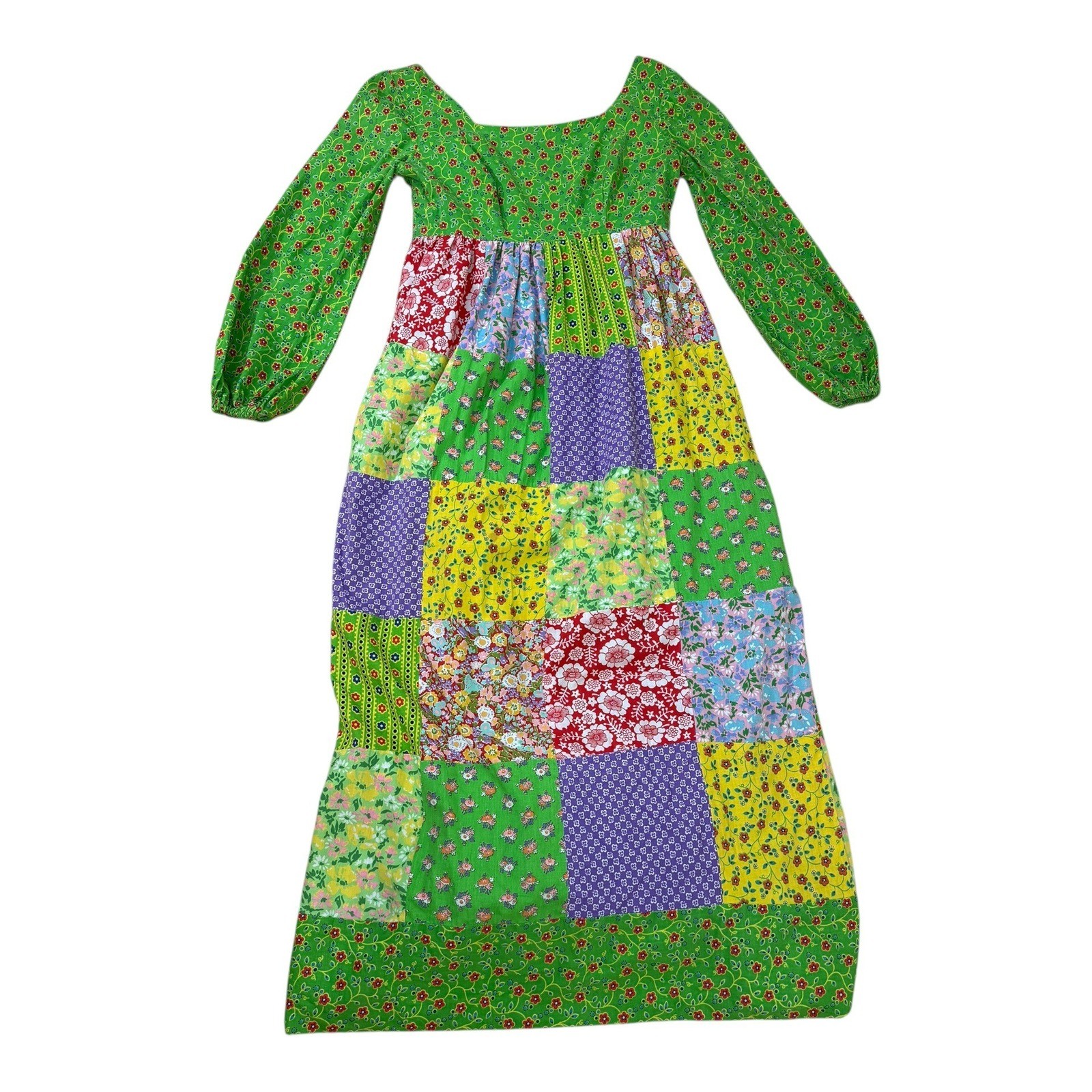 Vtg Mountain Artisans Patchwork Maxi Hippie Dress Floral Boho Green Pink Size 8
