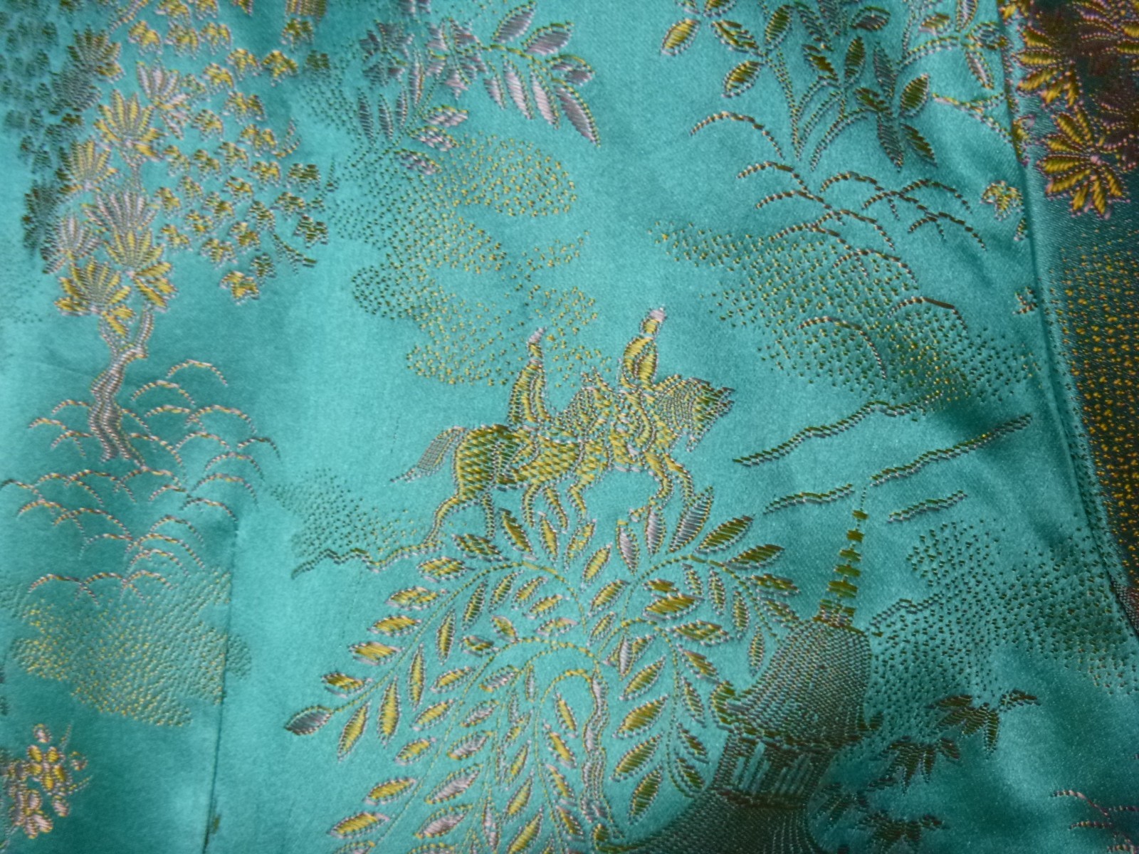 Vtg 40s 50s Aqua & Gold Satin Brocade Robe Dressing Gown Asian Motif Sz S/M
