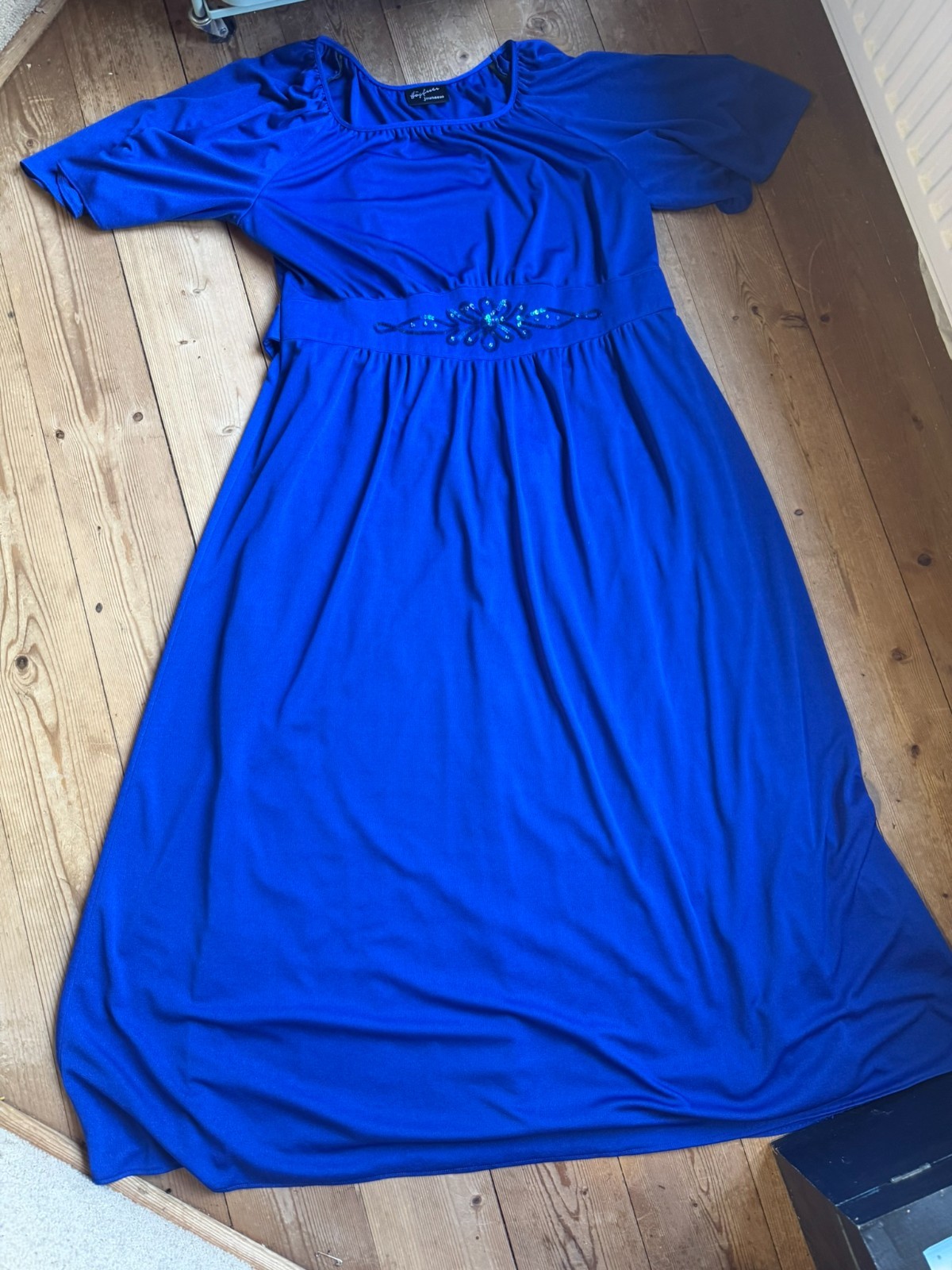 70s maxi dress evening dress Höpfner Jeunesse vintage royal blue cape sleeves 42 44