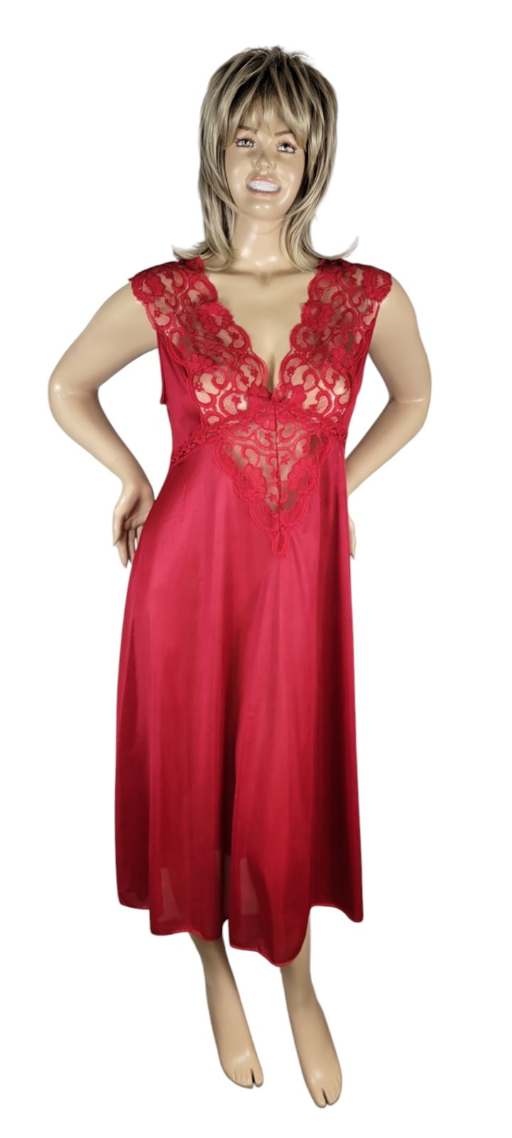Vintage Soft Moments New York Red Nylon Satin & Semi Sheer Lace Slip Nightgown L