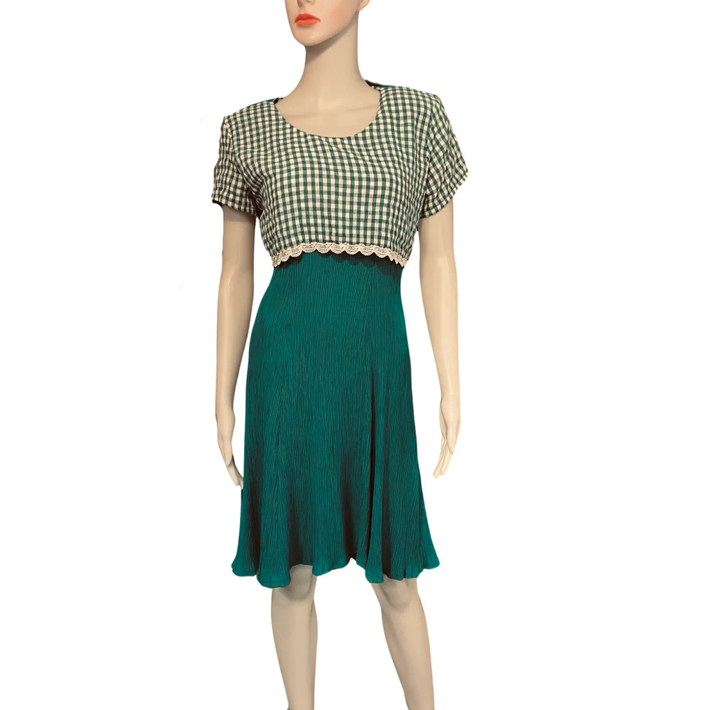 Vintage 1980s Olivia Rose Teal Checked Dress Short Sleeve Women’s 10