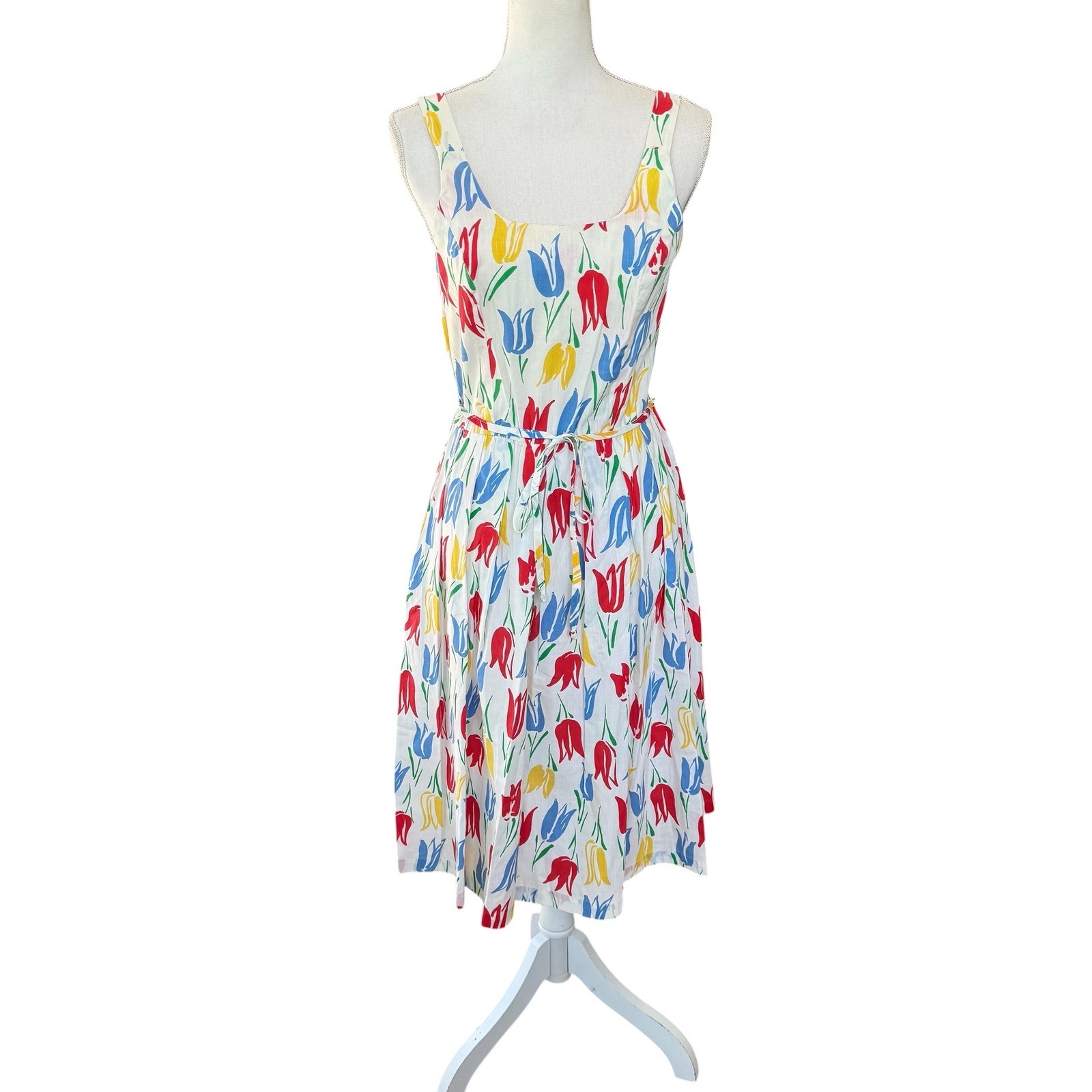 Vintage Dash-About Tulip Floral Sundress White Red Blue Yellow Midi Smocked Back
