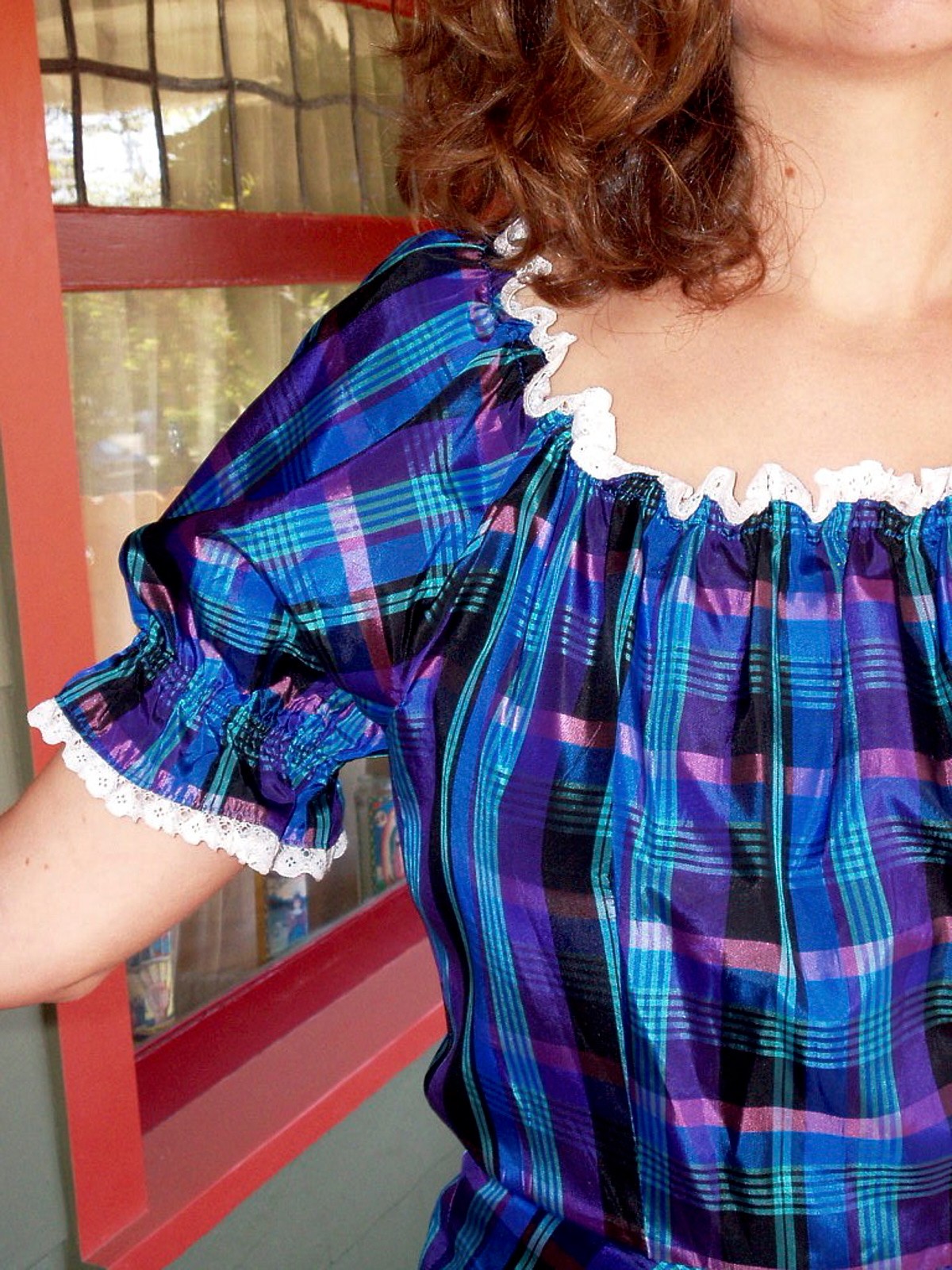 VTG 80s Steam Punk Victorian Crisp Satin Taffeta Plaid Puff SLV Swing Dress M/8