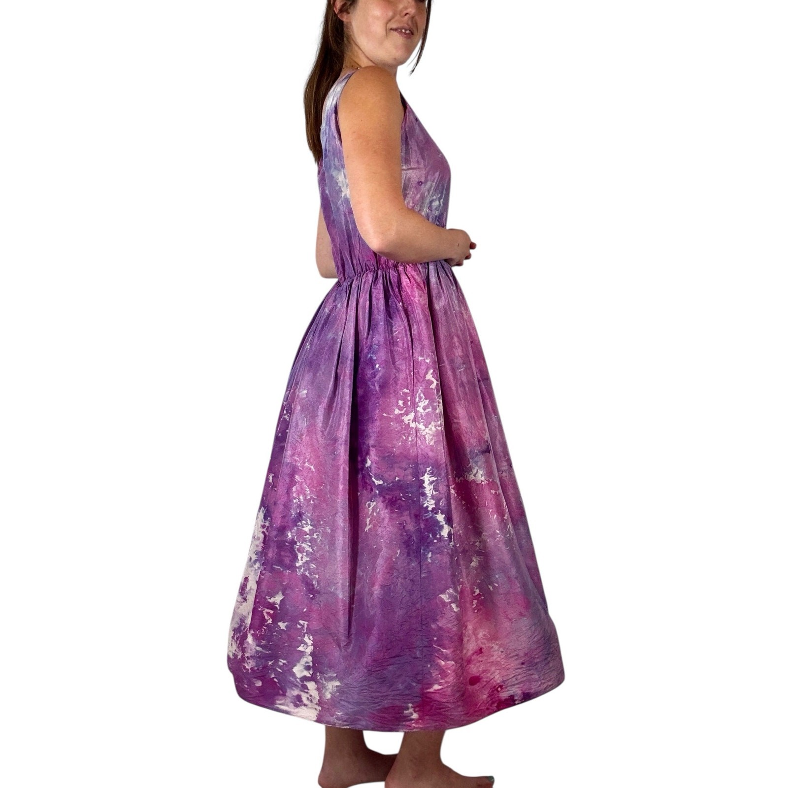 Vintage 1950s Hand Dyed Pink Purple Ice Dye Silk Fit & Flare Dress Crinoline
